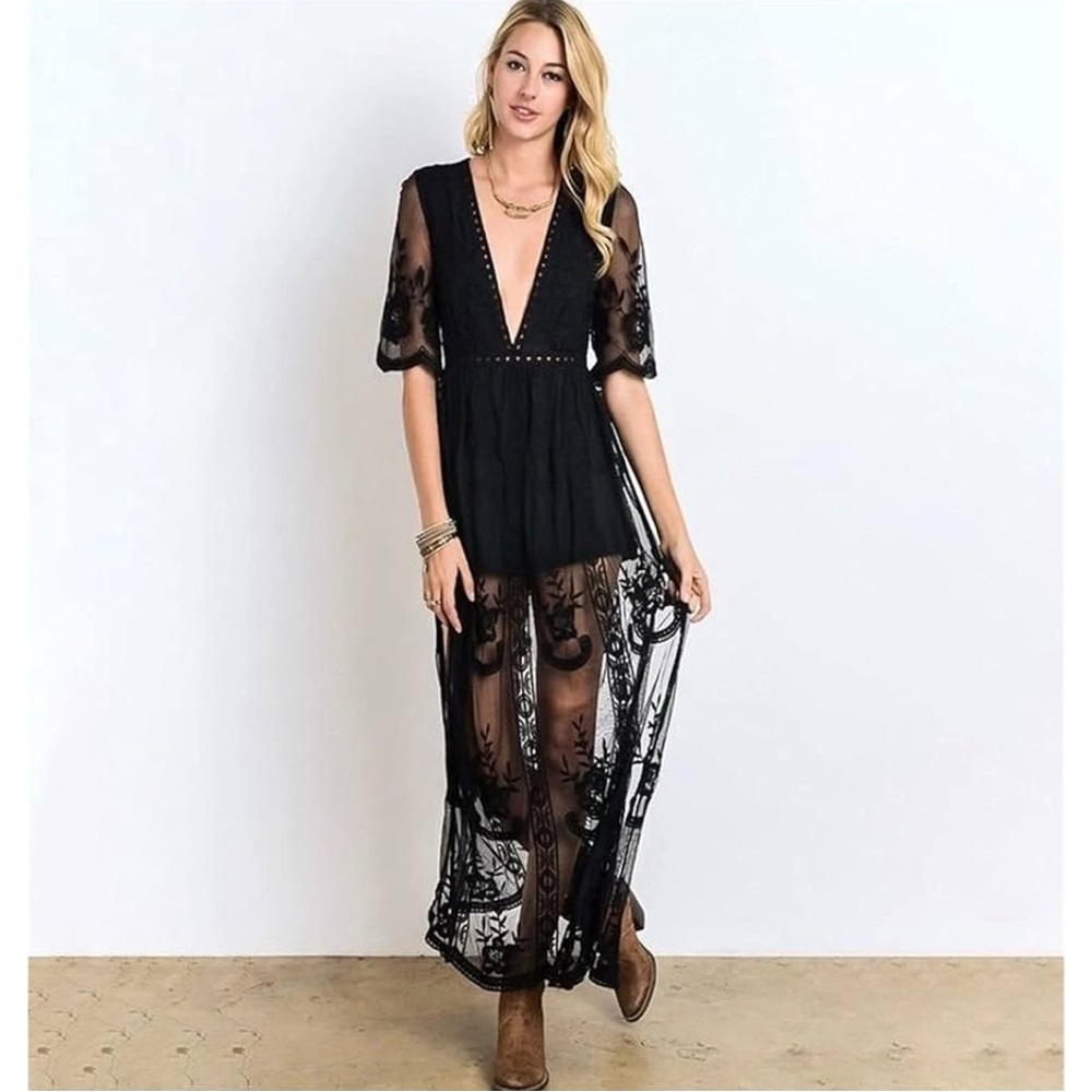 Bloomingdale’s - Aqua Black Lace Overlay Romper